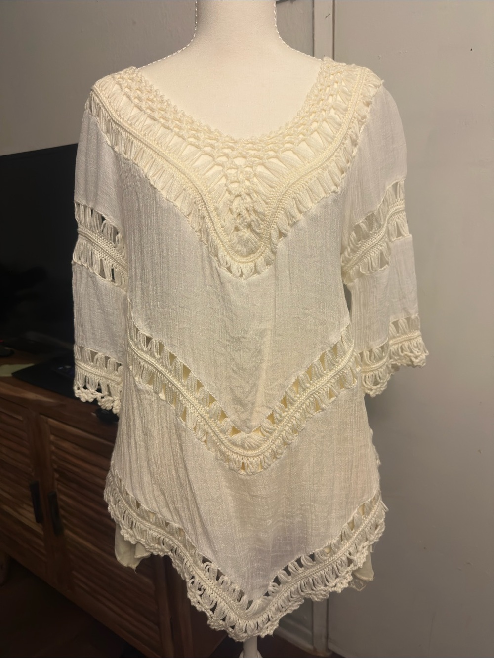 Boho Cream Crochet-Trim Women's Blouse